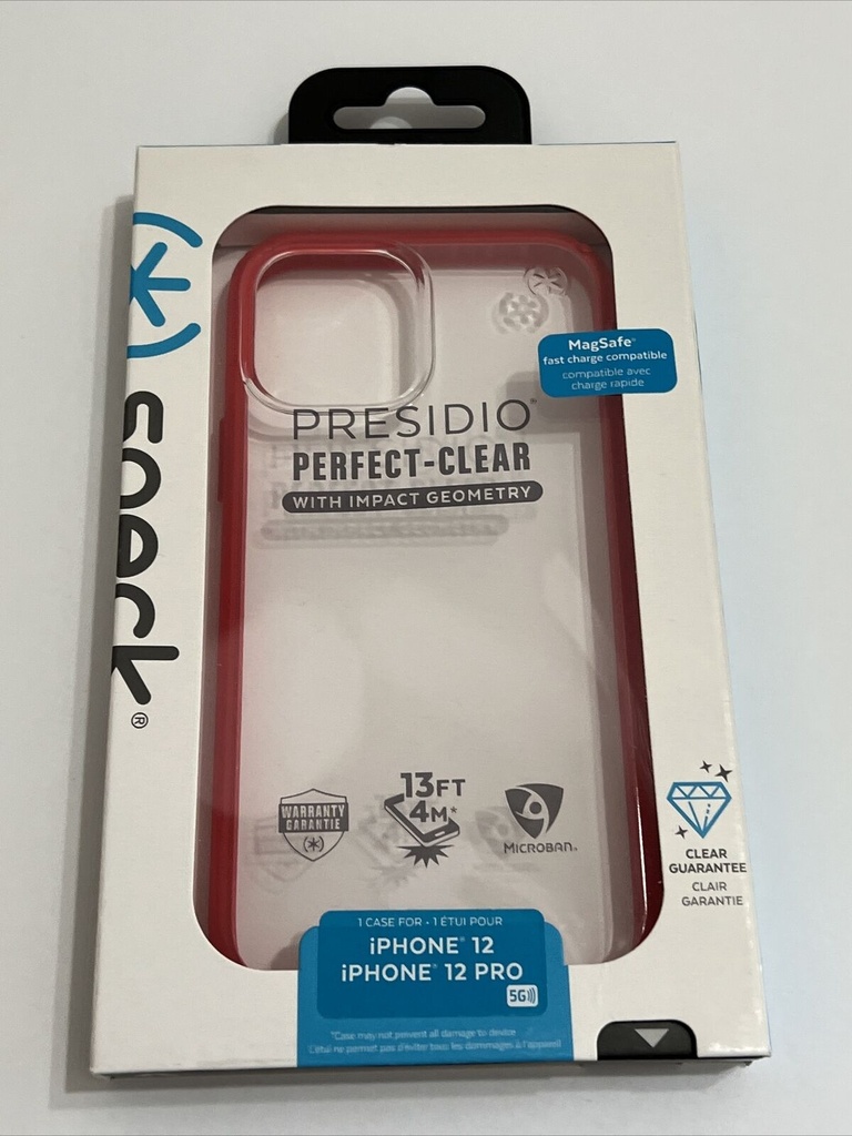 SPECK PRESIDIO PERFECT CLEAR CASE FOR IPHONE 12 / 12 PRO - CLEAR/RED - MAGSAFE